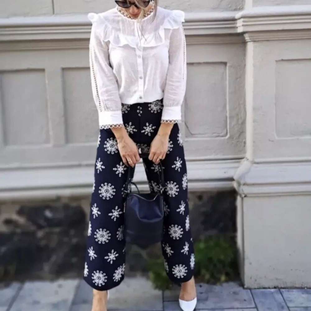 Zara Navy Wide-Leg Embroidered Pants with White Motif